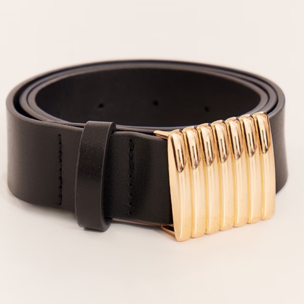 Black Leather Belt with Gold Accent Buckle
